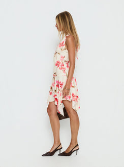 Loreza Halter Asymmetrical Midi Dress Cream Floral