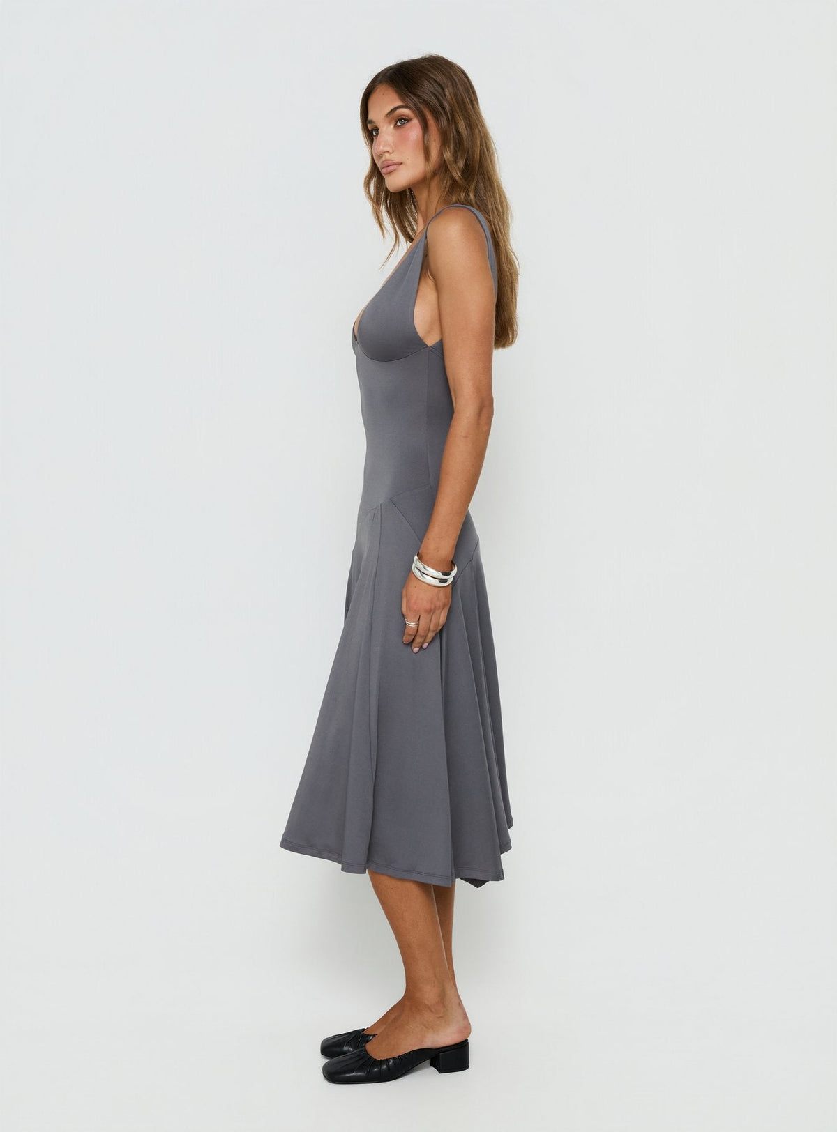 Charlisse Plunge Flowy Midi Dress Steel Blue