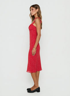 Lozie Frill V Neck Midi Dress Red Floral