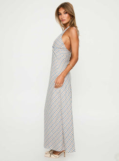 side view of model wearing Princess Polly Evienna Halter Maxi Dress Blue Check Plunger 