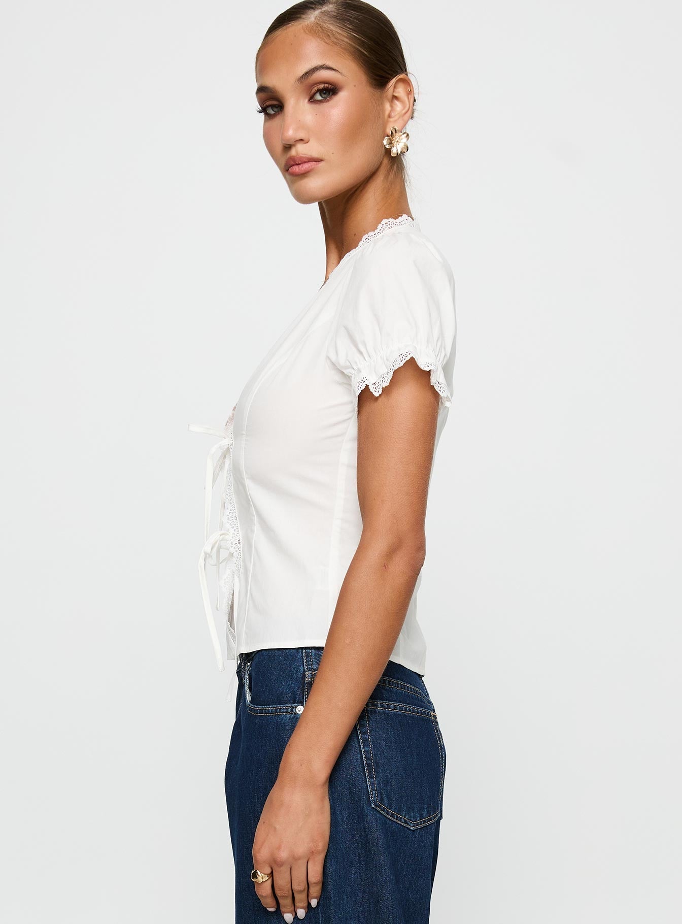 Abundance Tie Up Lace Trim Top White