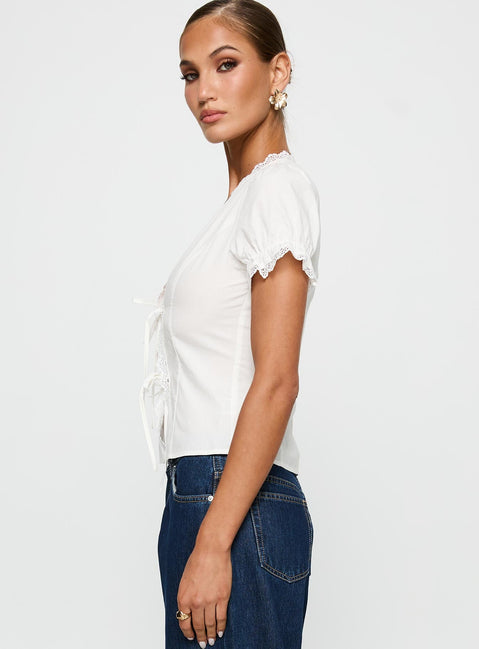 Abundance Tie Up Lace Trim Top White