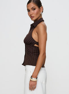 side view of model wearing Princess Polly Victorie Halter Top Chocolate Stripe Sleeveless Plunger 