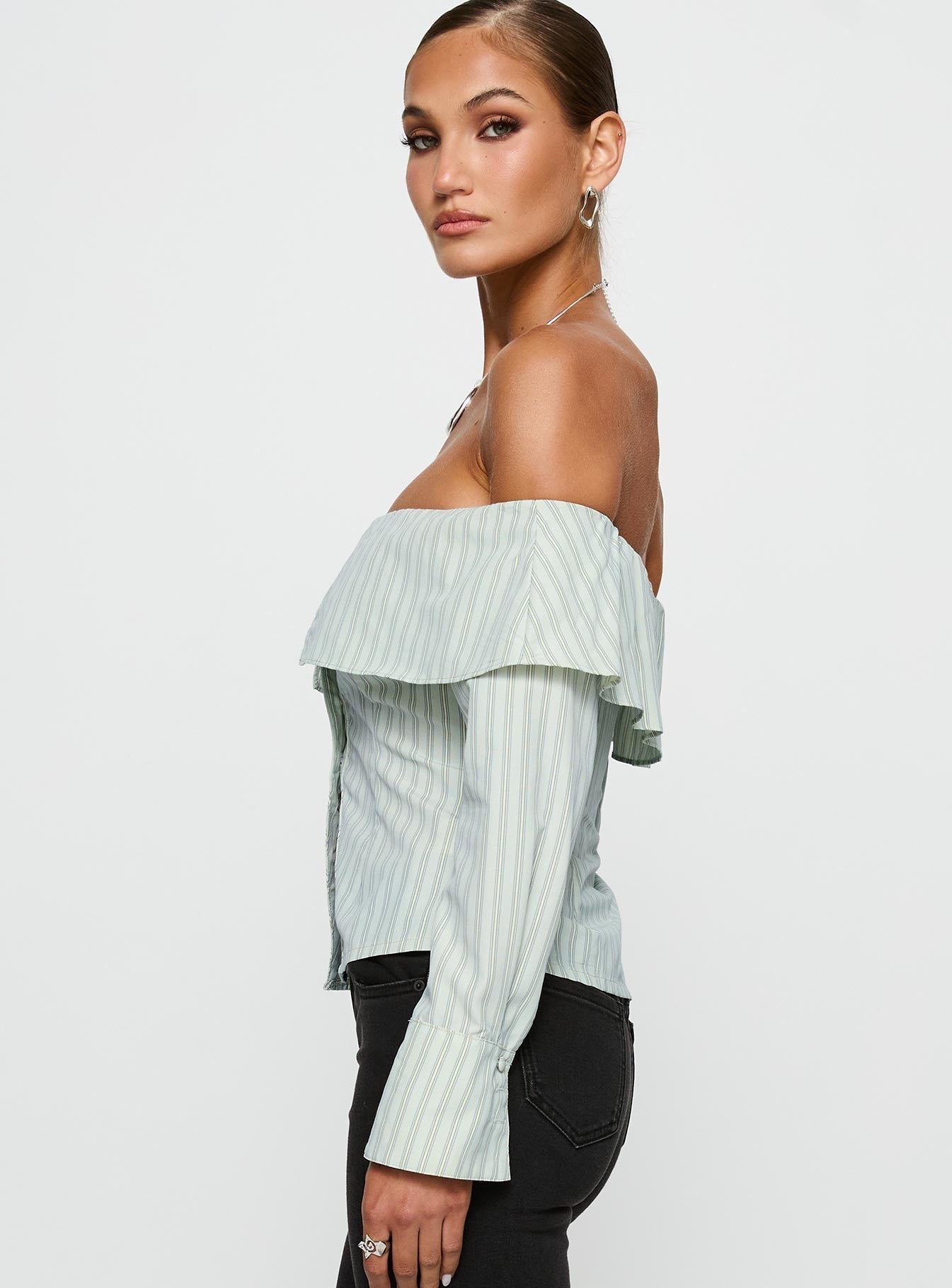 Another Hill Off Shoulder Top Green Stripe