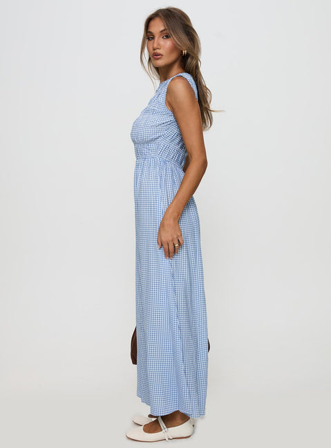 Fables Shirred Maxi Dress Blue Gingham