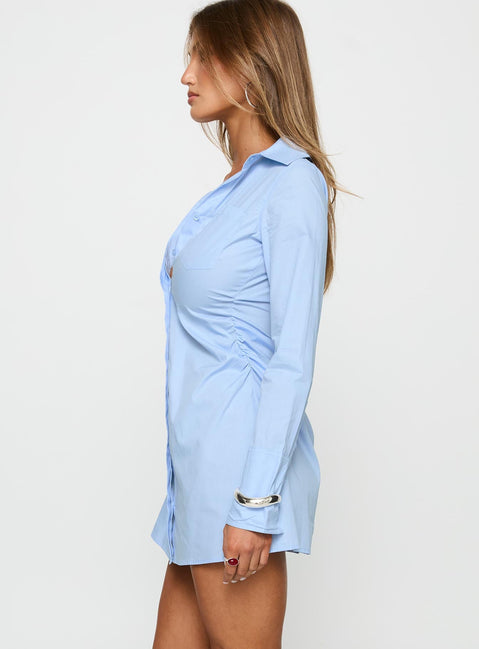 Cesarina Ruched Shirt Mini Dress Blue