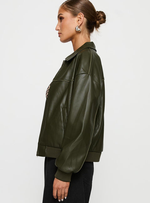 Uncover Faux Leather Bomber Jacket Dark Green