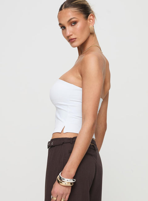 side view of model wearing Princess Polly Aurorah Strapless Top White Sleeveless straight 