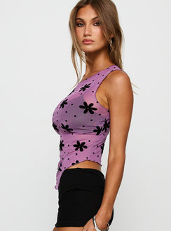 side view of model wearing Princess Polly Avelaine Mesh Top Mauve Sleeveless Crew Neck 