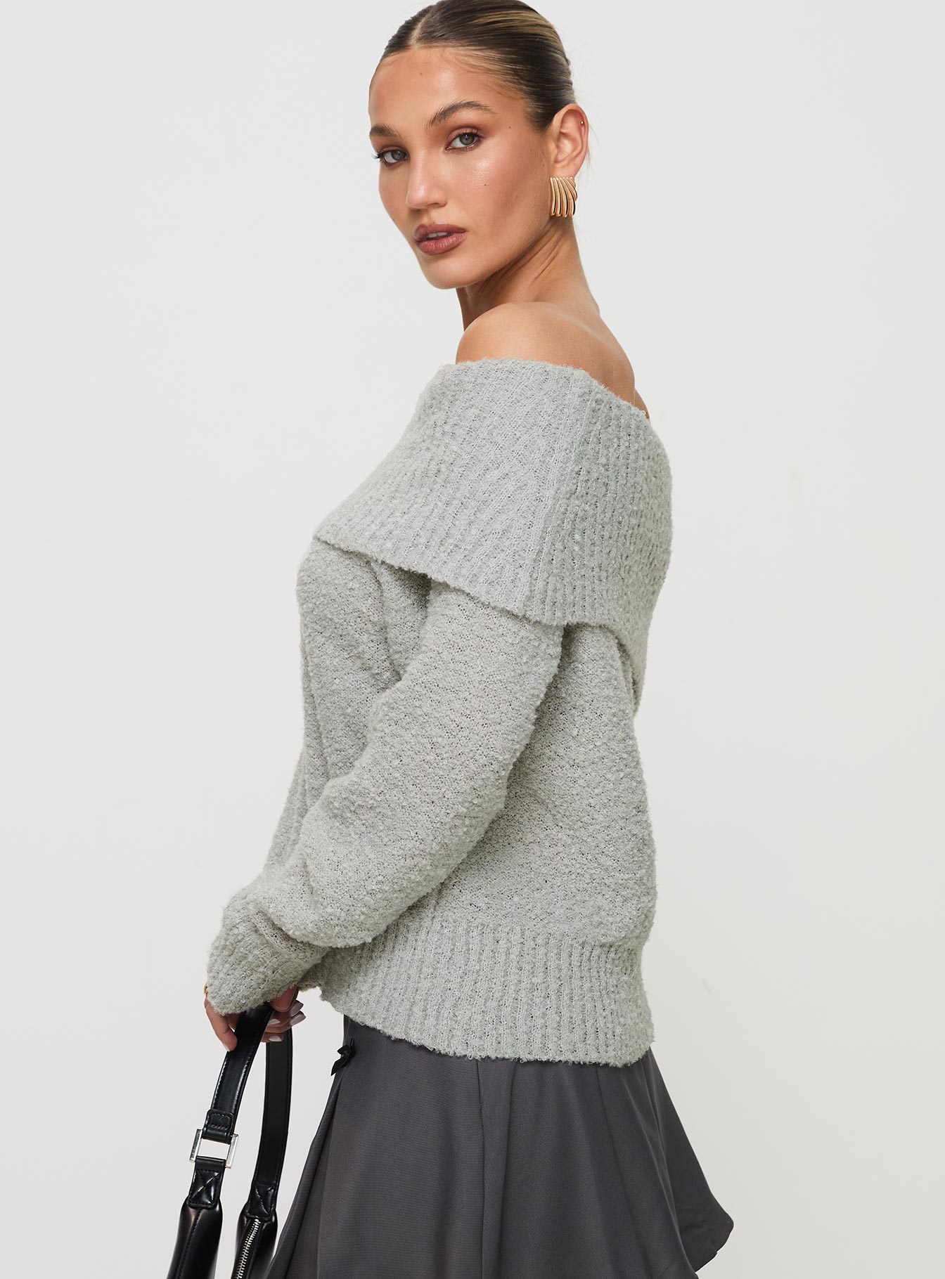 side view of model wearing Princess Polly Parkley Boucle Off The Shoulder Sweater Grey Marle 