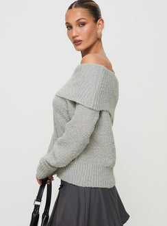 side view of model wearing Princess Polly Parkley Boucle Off The Shoulder Sweater Grey Marle 