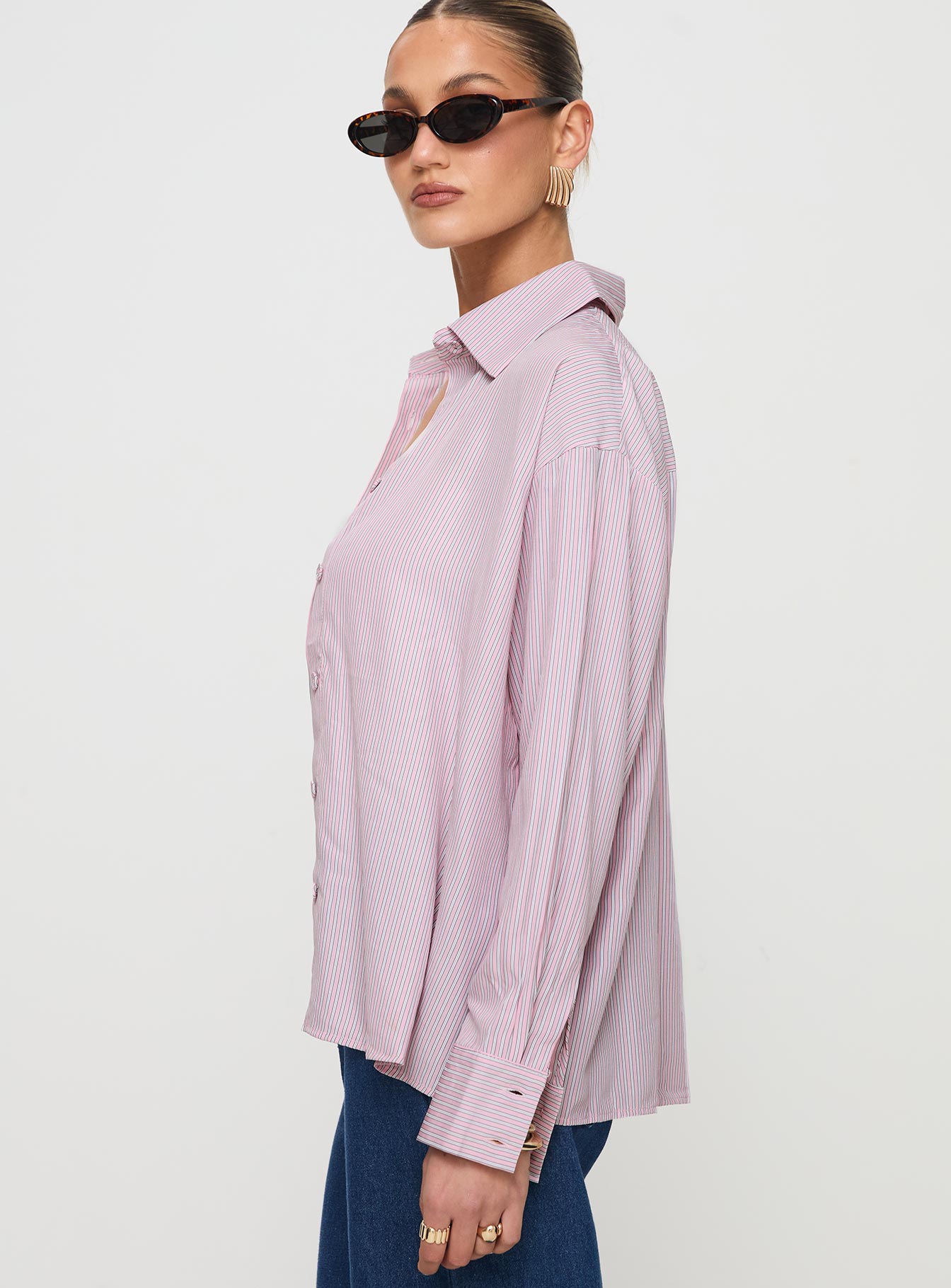 side view of model wearing Princess Polly Wild Promise Top Pink Stripe Full Sleeves V-Neck 