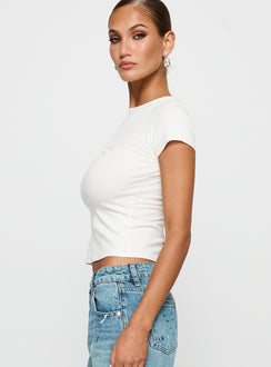 side view of model wearing Princess Polly We Could Go Lace Detail Top White Short Sleeves Crew Neck 