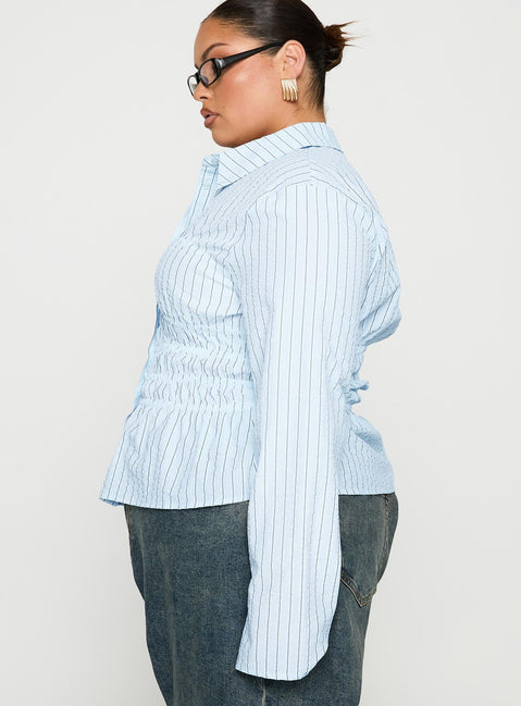 side view of model wearing Princess Polly Liesel Shirred Long Sleeve Top Stripe Curve Full Sleeves V-Neck 
