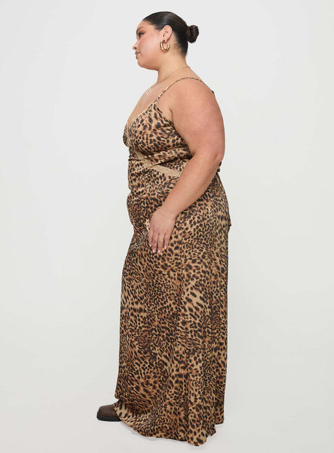 side view of model wearing Princess Polly Sanctuary Maxi Dress Leopard Curve Plunger 
