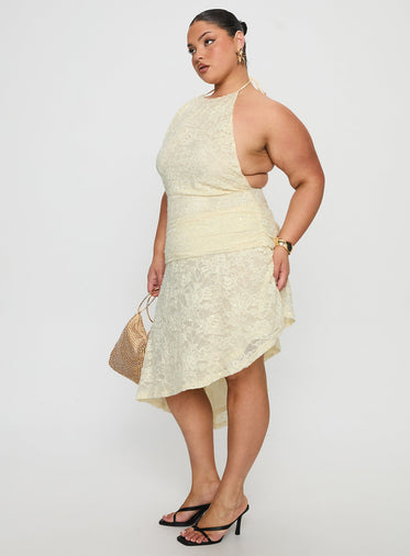 Emmalie Lace Asymmetrical Midi Dress Butter Yellow Curve
