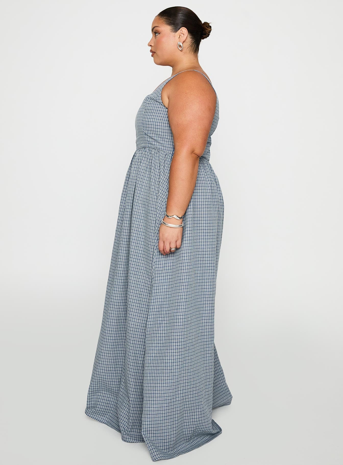 side view of model wearing Princess Polly Cartmel Check Maxi Dress Navy Curve Square Neck 