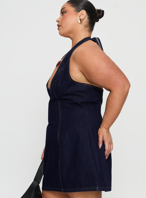 Say Goodnight Denim Halter Mini Dress Mid Wash Curve