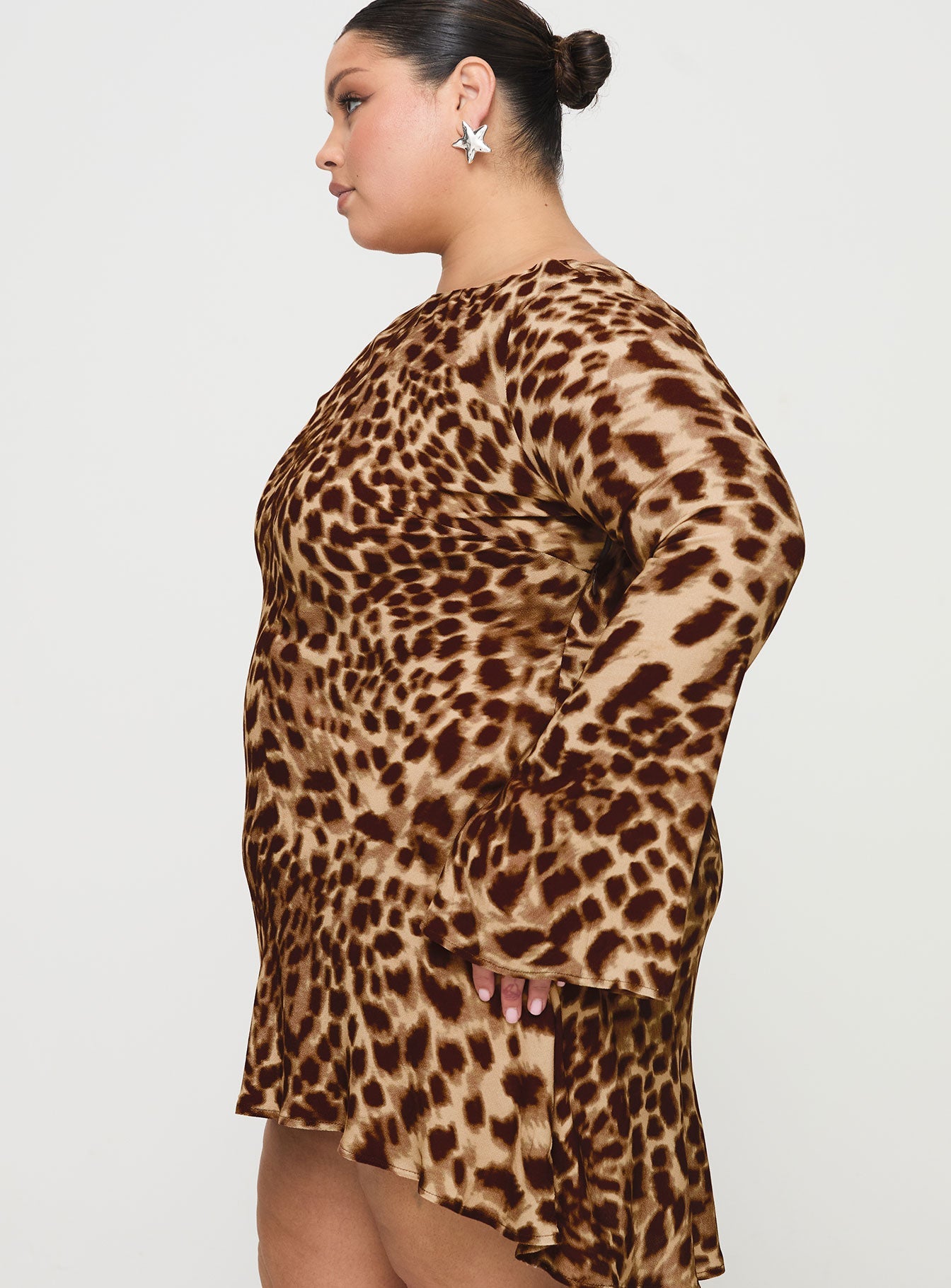 back view of model wearing Princess Polly Halo Bias Mini Dress Leopard Curve Boat Neck 