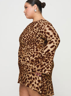 back view of model wearing Princess Polly Halo Bias Mini Dress Leopard Curve Boat Neck 