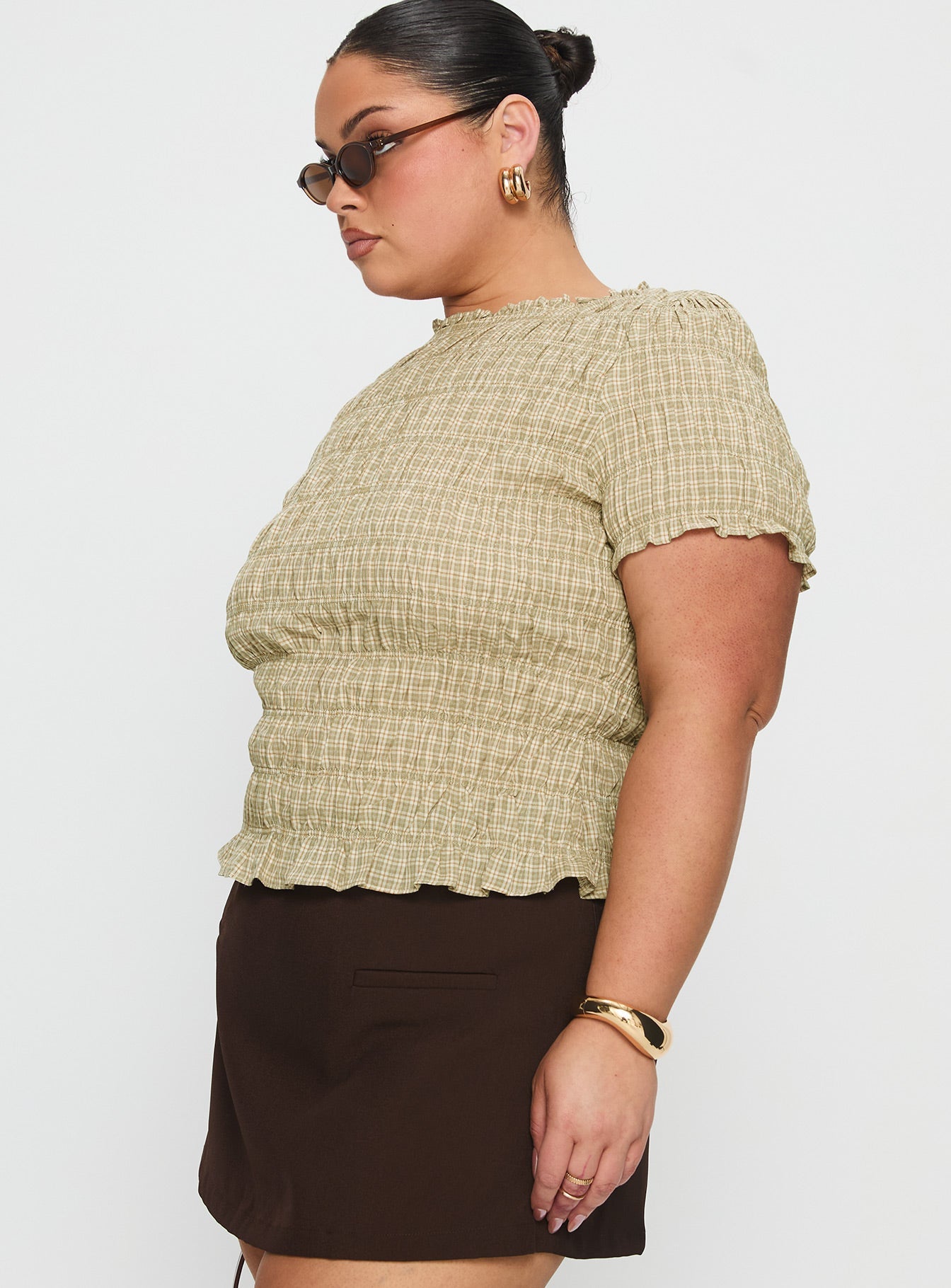 Romelle Shirred Top Green / Brown Plaid Curve
