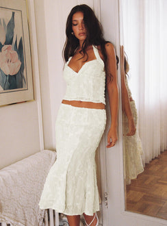   side view of model wearing Princess Polly Aspyn Embroidered Midi Skirt Yellow Midi Skirts 