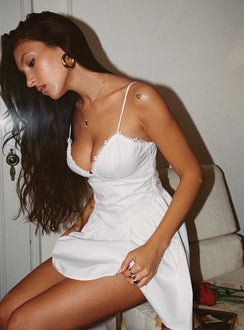 side view of model wearing Princess Polly Emberleigh Flare Mini Dress White Plunger 