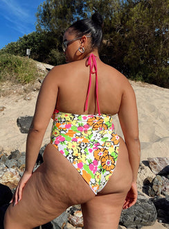 One piece swimsuit Floral print Halter neck tie fastening Adjustable scooped neckline Low back High cut leg Brief style bottom Removable padding Fully lined