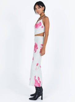 Two piece set Halter top Cowl neck Open back Tie fastening at neck and back Maxi skirt Invisible zip fastening at side