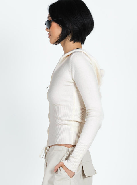 side view of model wearing Princess Polly Elingford Zip Up Hooded Sweater Cream 