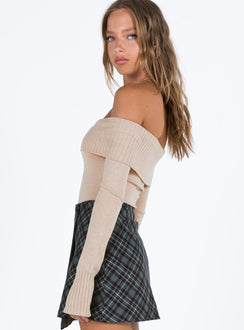 side view of model wearing Princess Polly Savani Off The Shoulder Bodysuit Beige Full Sleeves straight 