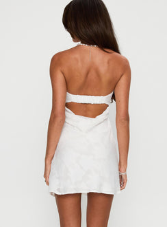 front view of model wearing Princess Polly Phillipa Mini Dress White Floral Straight Neck 