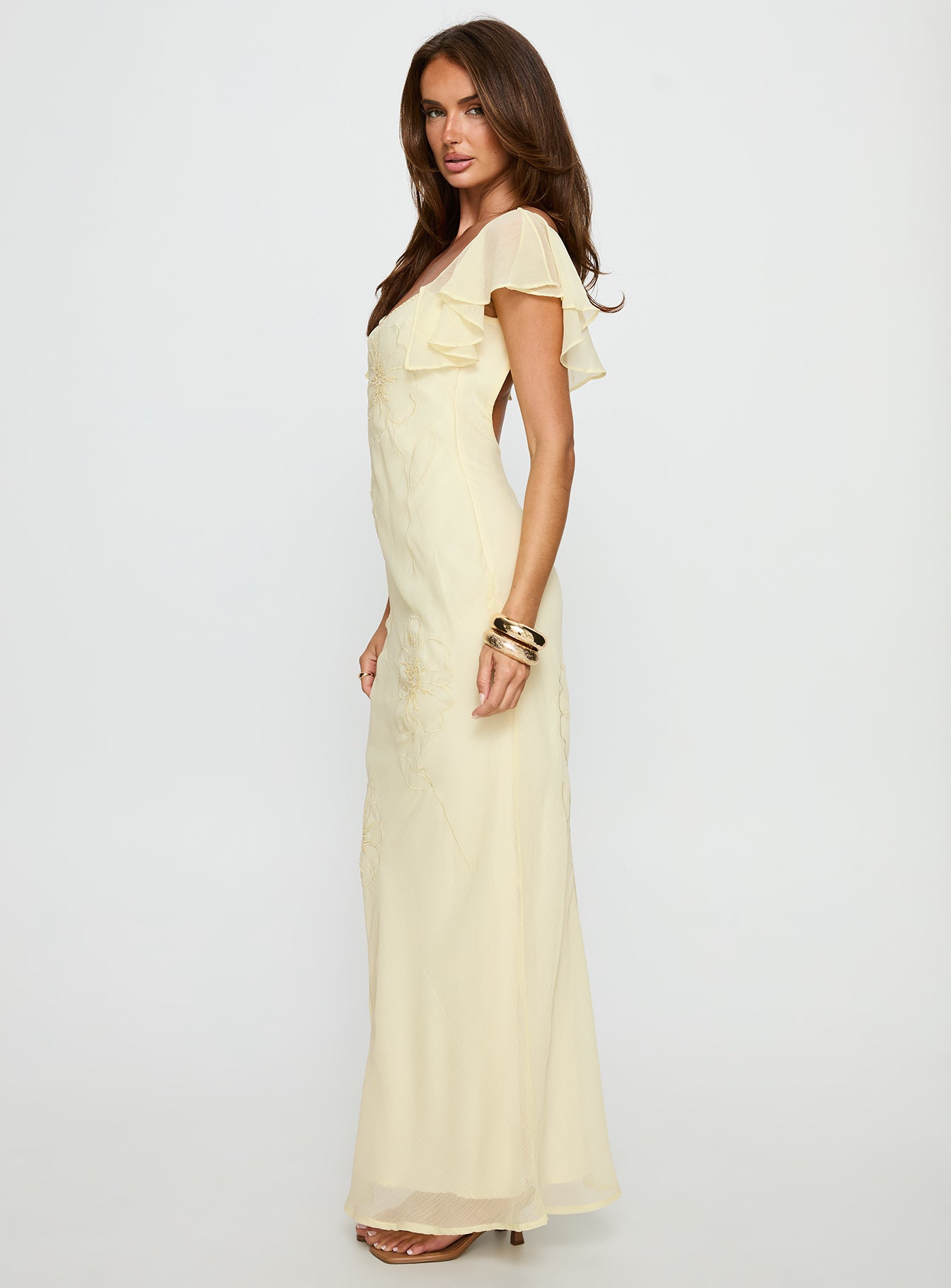 Estah Flutter Sleeve Embellished Maxi Dress Yellow