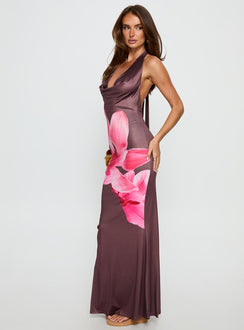 Raleina Halter Cowl Neck Maxi Dress Brown Floral