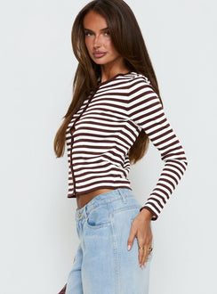 side view of model wearing Princess Polly Elcie Button Up Cardigan Brown Stripe Cropped Jumpers Jumpers 