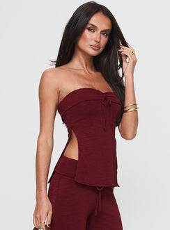 Strapless knit top Folded neckline, inner silicone trip at bust, drawstring at bust, twin side split Good stretch, partially lined