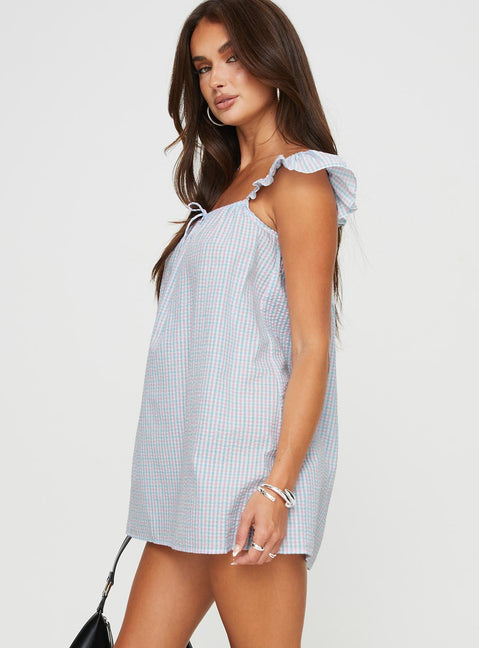 Check print mini dress Elasticated shoulder straps, tie detail at bust