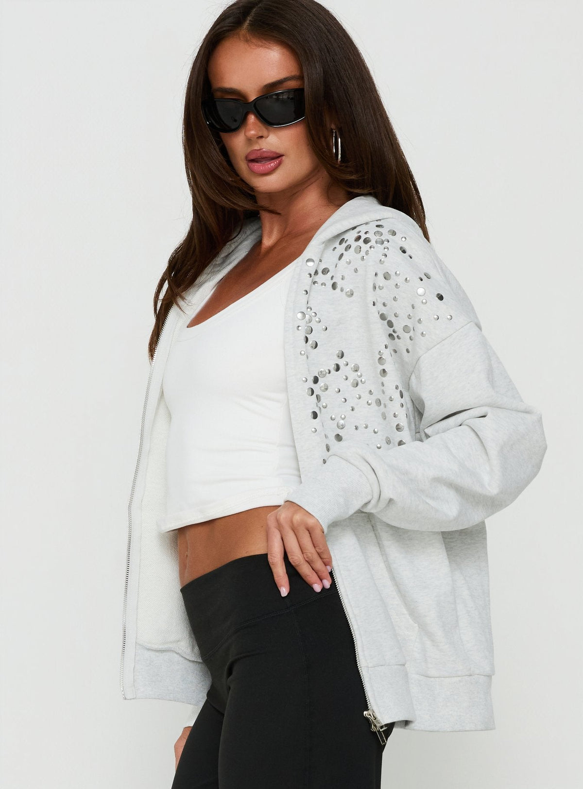 All Day Studded Oversized Hoodie Grey Marle