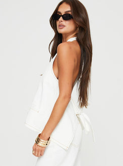 side view of model wearing Princess Polly Hills Halter Top Porcelain Sleeveless Plunger 