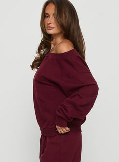 side view of model wearing Princess Polly Wellness Off the Shoulder Jumper Currant cropped Jumpers 