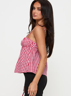 side view of model wearing Princess Polly Mirabellah Frill Top Red Gingham Sleeveless Square Neck 