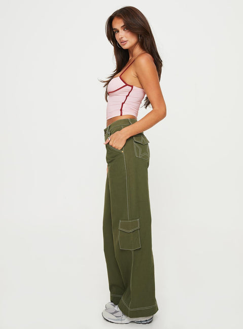 Mid-rise cargo pants Belt looped waistband, zip & button fastening, six pockets, wide leg Non-stretch material, unlined 