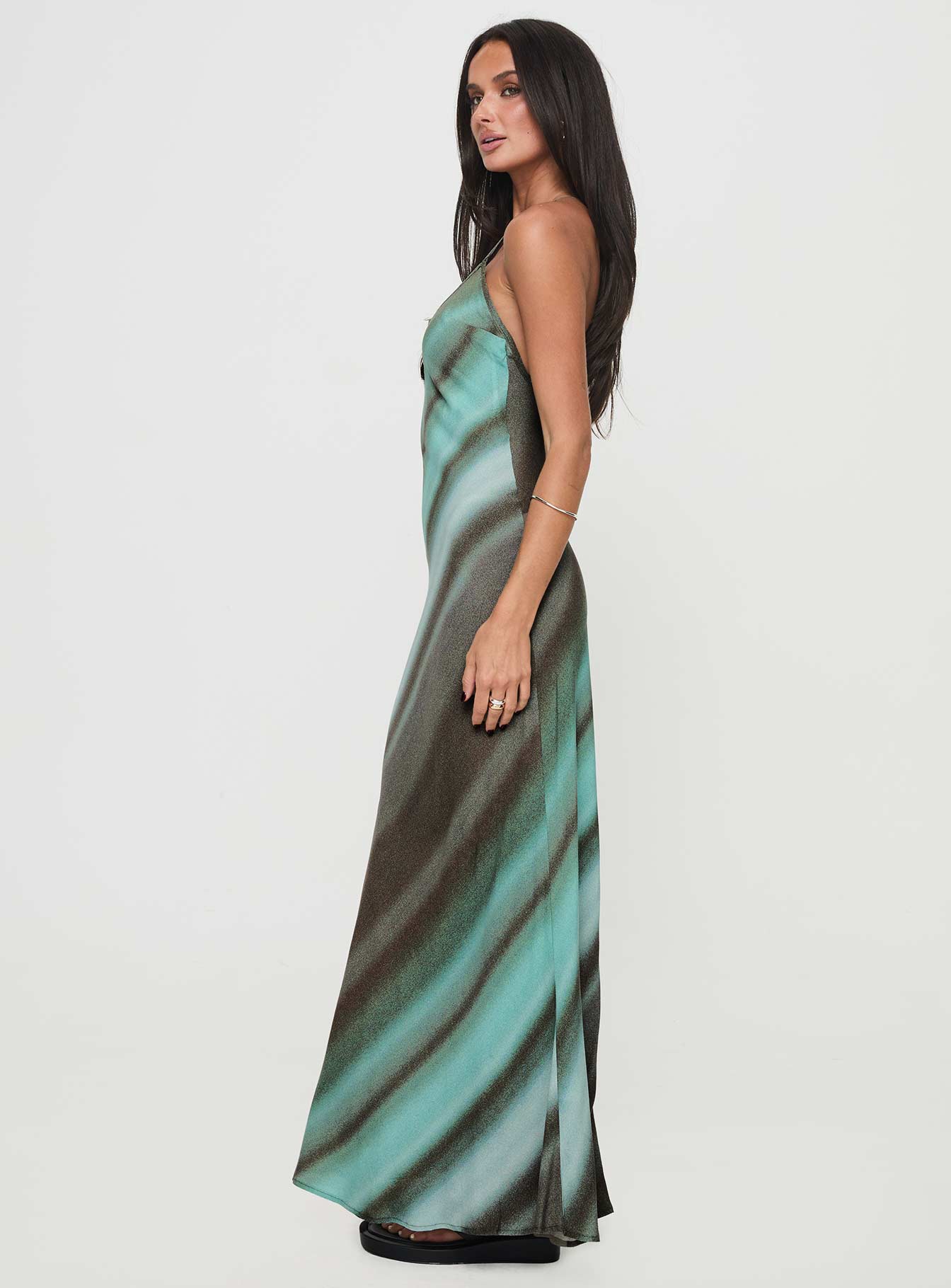 side view of model wearing Princess Polly Otillie Maxi Dress Blue Multi Plunger 