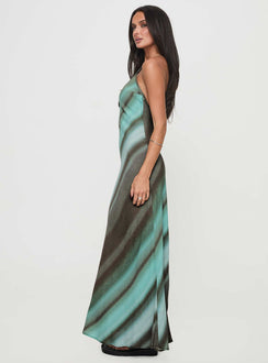 side view of model wearing Princess Polly Otillie Maxi Dress Blue Multi Plunger 