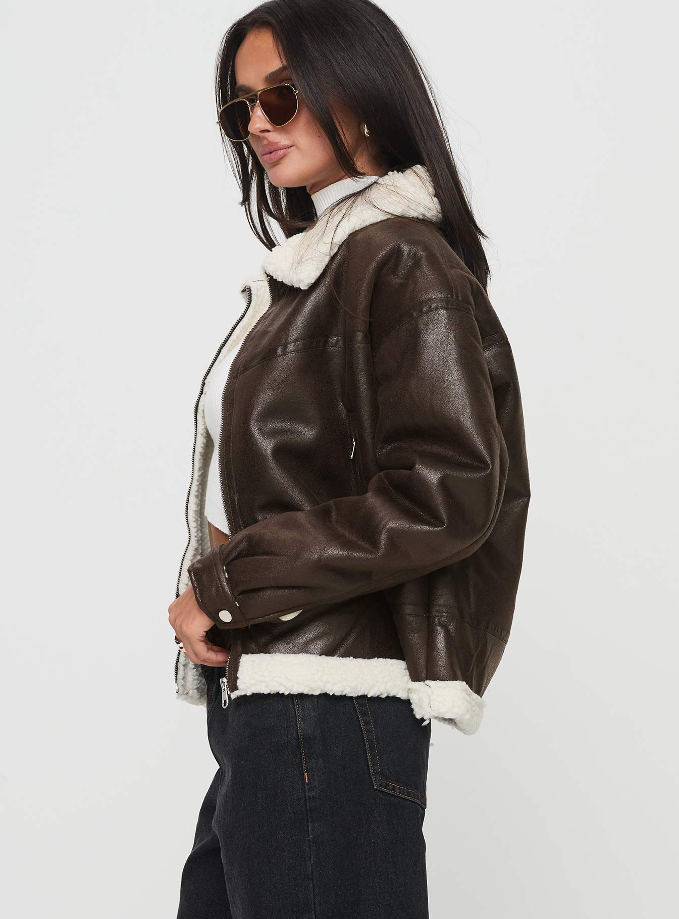 Solara Faux Leather Shearling Jacket Chocolate Petite