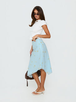   side view of model wearing Princess Polly Daphene Asymmetrical Midi Skirt Blue Floral Midi Skirts Skirts 