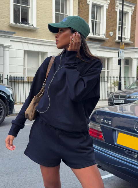 front view of model wearing Princess Polly All Day Crewneck Sweatshirt Navy 