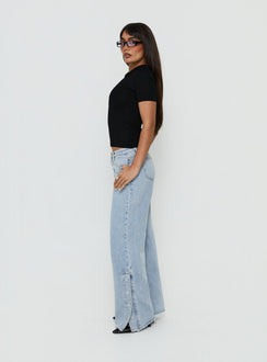 Dakoba Button Detail Mid Rise Straight Leg Jean Light Blue Wash