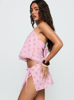   side view of model wearing Princess Polly Remembering Mini Skirt Pink Mini Skirts 