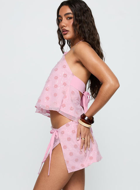   side view of model wearing Princess Polly Remembering Mini Skirt Pink Mini Skirts 